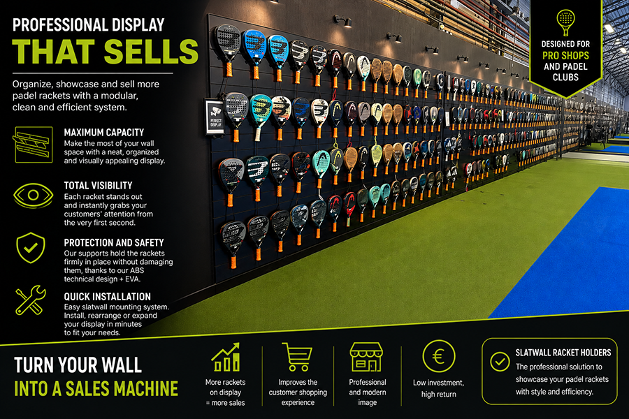 Professional infographic showing a slatwall padel racket display system installed in a modern sports shop. Modular display solution designed to maximize visibility, optimize wall space and increase padel racket sales in retail stores and padel clubs. Versión SEO más potente (recomendada): Archivo: slatwall-padel-racket-holders-professional-display.webp ALT: Professional slatwall padel racket holders creating a high-capacity retail display. Modular display system for padel shops and clubs that improves product visibility, customer experience and sales.